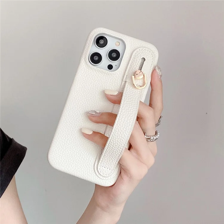 Étui pour iPhone 14 Pro avec sangle de poignet, support et couverture de téléphone en cuir PU + PET - Blanc