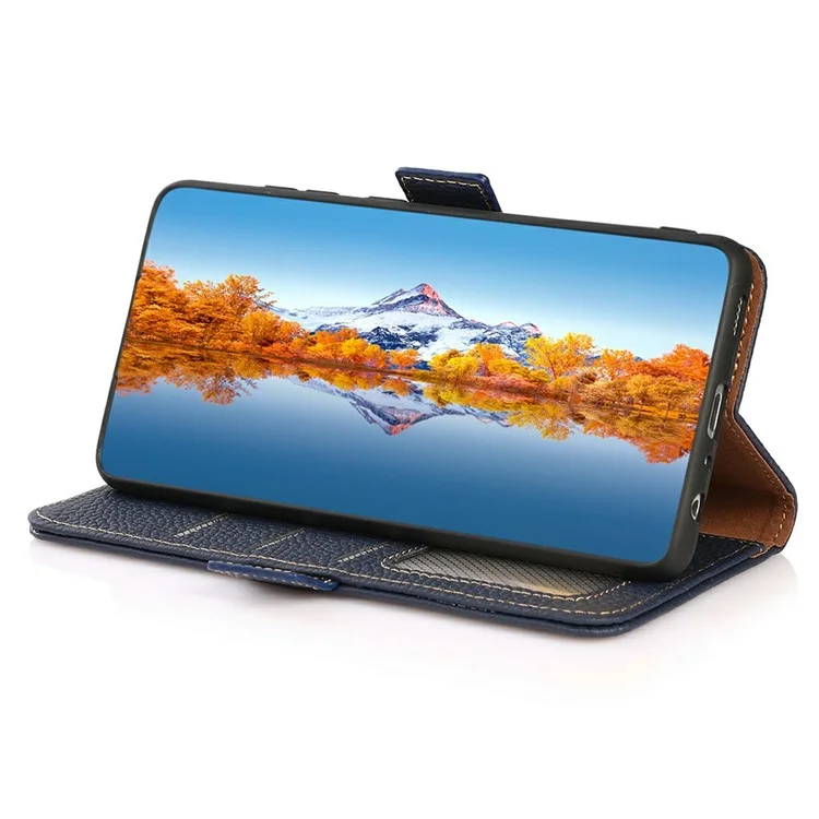 Étui en cuir véritable de vache avec protection RFID pour Samsung Galaxy A56 5G - Bleu