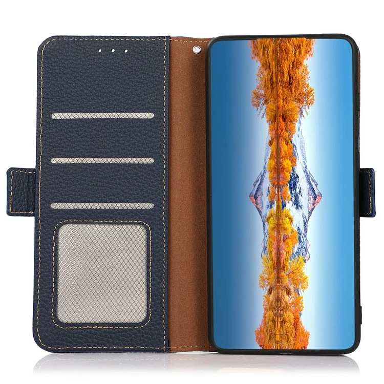 Étui en cuir véritable de vache avec protection RFID pour Samsung Galaxy A56 5G - Bleu