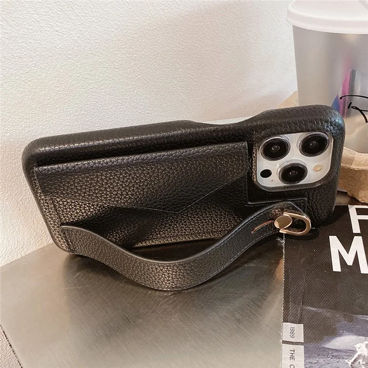 Für iPhone 14 Pro Hülle mit Kartenfach Armband Ständer PU-Leder+PET Handyhülle - Schwarz