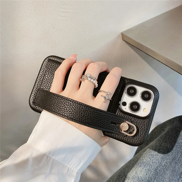 Für iPhone 14 Pro Hülle mit Kartenfach Armband Ständer PU-Leder+PET Handyhülle - Schwarz