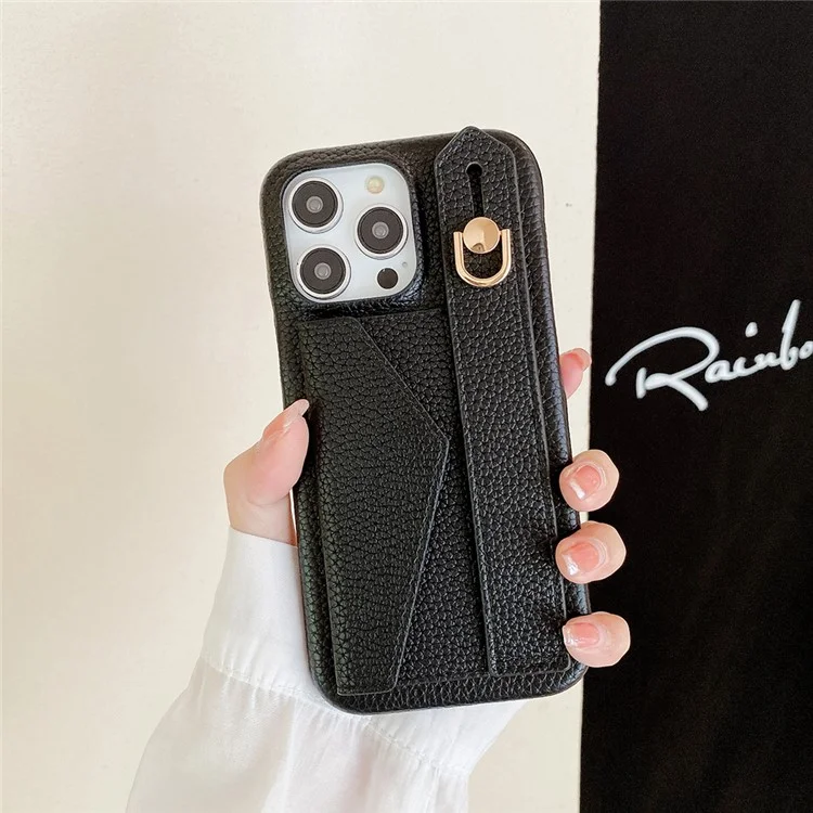 Für iPhone 14 Pro Hülle mit Kartenfach Armband Ständer PU-Leder+PET Handyhülle - Schwarz
