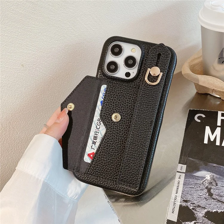 Für iPhone 14 Pro Hülle mit Kartenfach Armband Ständer PU-Leder+PET Handyhülle - Schwarz