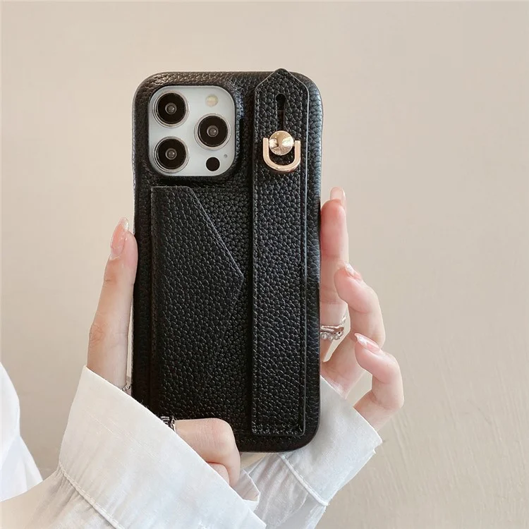 Für iPhone 14 Pro Hülle mit Kartenfach Armband Ständer PU-Leder+PET Handyhülle - Schwarz