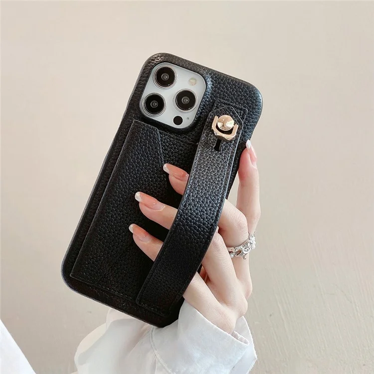 Für iPhone 14 Pro Hülle mit Kartenfach Armband Ständer PU-Leder+PET Handyhülle - Schwarz
