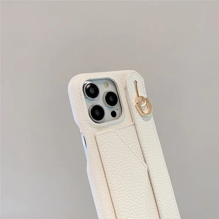 Für iPhone 15 Pro Hülle mit Kartenschlitz Armband Ständer PU-Leder+PET Handyhülle - Weiß