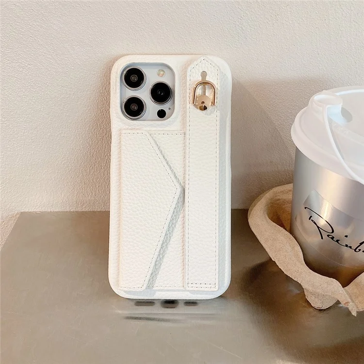 Für iPhone 15 Pro Hülle mit Kartenschlitz Armband Ständer PU-Leder+PET Handyhülle - Weiß