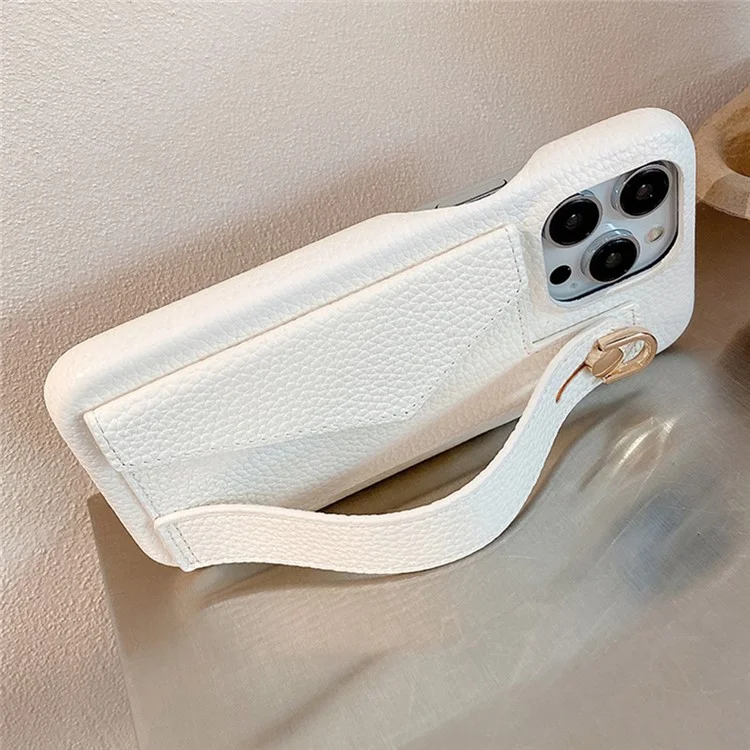 Für iPhone 15 Pro Hülle mit Kartenschlitz Armband Ständer PU-Leder+PET Handyhülle - Weiß