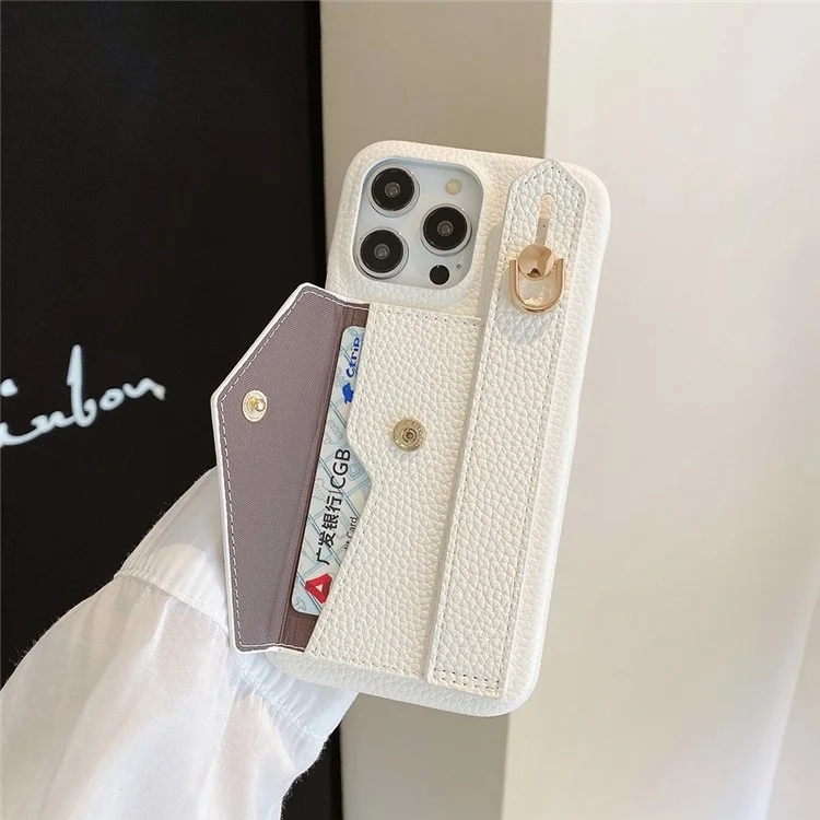 Für iPhone 15 Pro Hülle mit Kartenschlitz Armband Ständer PU-Leder+PET Handyhülle - Weiß