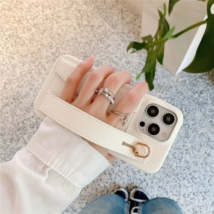 Für iPhone 15 Pro Hülle mit Kartenschlitz Armband Ständer PU-Leder+PET Handyhülle - Weiß