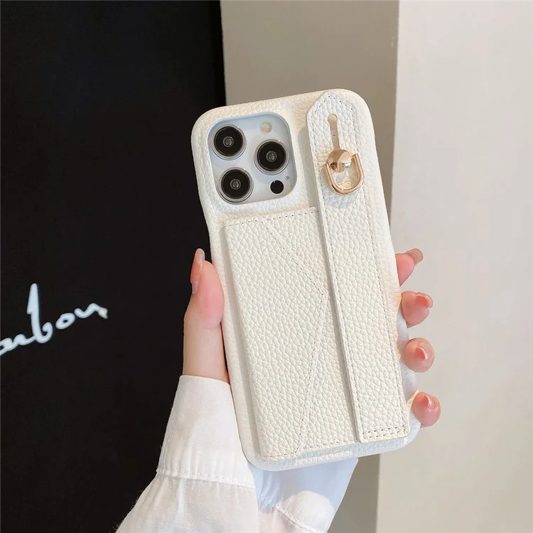 Für iPhone 15 Pro Hülle mit Kartenschlitz Armband Ständer PU-Leder+PET Handyhülle - Weiß