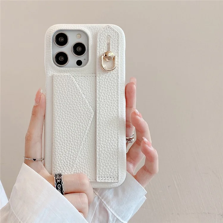 Für iPhone 15 Pro Hülle mit Kartenschlitz Armband Ständer PU-Leder+PET Handyhülle - Weiß