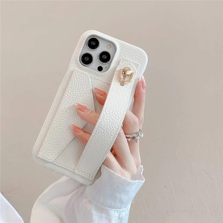 Für iPhone 15 Pro Hülle mit Kartenschlitz Armband Ständer PU-Leder+PET Handyhülle - Weiß