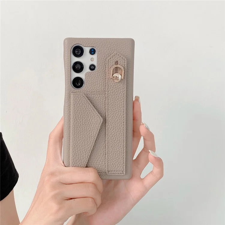 Für Samsung Galaxy S23 Ultra Hülle mit Kartenfach, Armband, Ständer, PU-Leder + PET-Handyhülle - Grau