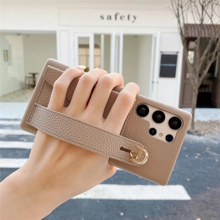 Für Samsung Galaxy S23 Ultra Hülle mit Kartenfach, Armband, Ständer, PU-Leder + PET-Handyhülle - Grau