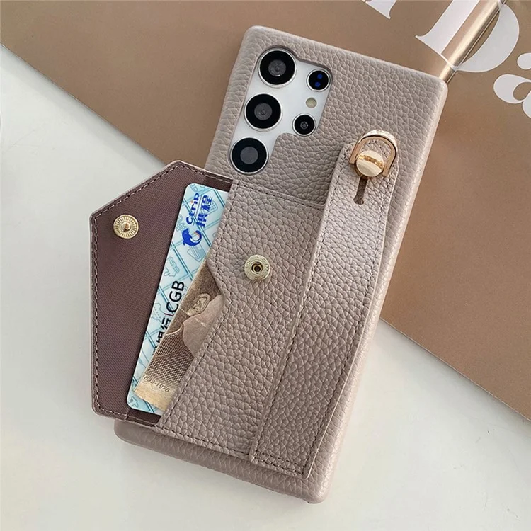 Für Samsung Galaxy S23 Ultra Hülle mit Kartenfach, Armband, Ständer, PU-Leder + PET-Handyhülle - Grau