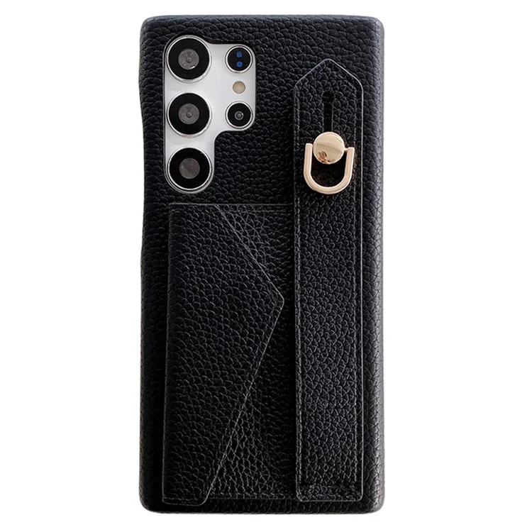 Capa para Samsung Galaxy S24 Ultra com slot para cartão, pulseira, suporte e cobertura de telefone em couro PU + PET - Preto