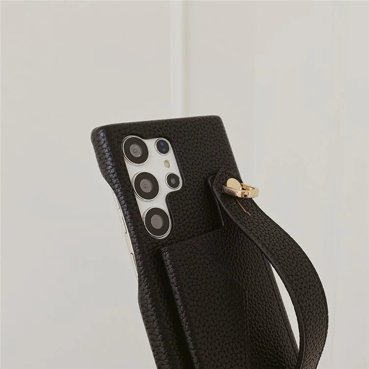 Capa para Samsung Galaxy S24 Ultra com slot para cartão, pulseira, suporte e cobertura de telefone em couro PU + PET - Preto