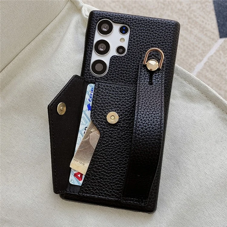 Capa para Samsung Galaxy S24 Ultra com slot para cartão, pulseira, suporte e cobertura de telefone em couro PU + PET - Preto
