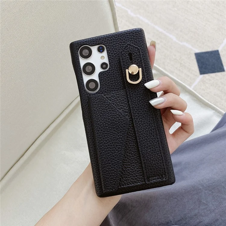 Capa para Samsung Galaxy S24 Ultra com slot para cartão, pulseira, suporte e cobertura de telefone em couro PU + PET - Preto