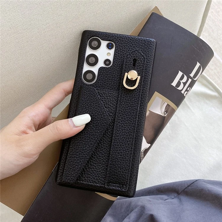 Capa para Samsung Galaxy S24 Ultra com slot para cartão, pulseira, suporte e cobertura de telefone em couro PU + PET - Preto