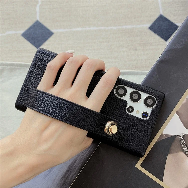 Capa para Samsung Galaxy S24 Ultra com slot para cartão, pulseira, suporte e cobertura de telefone em couro PU + PET - Preto