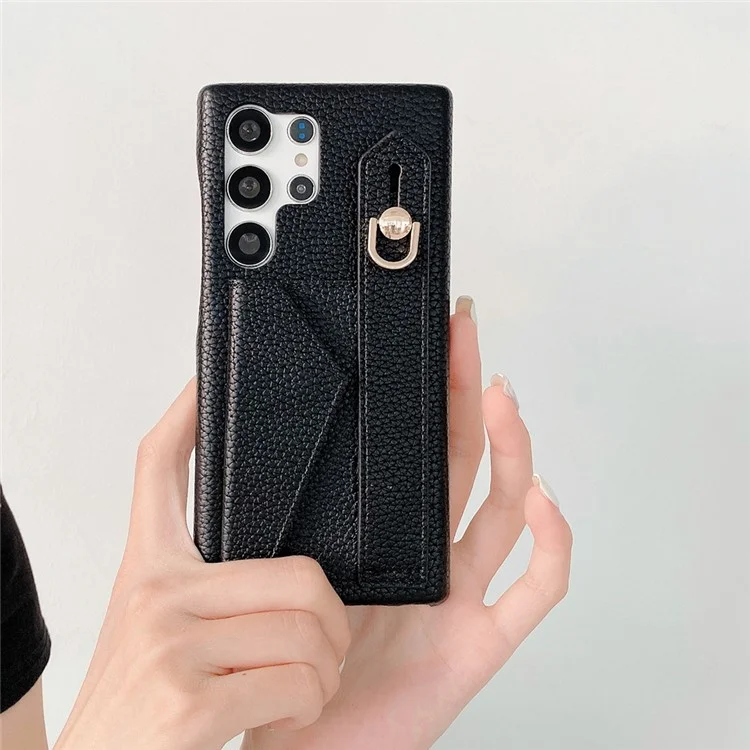 Capa para Samsung Galaxy S24 Ultra com slot para cartão, pulseira, suporte e cobertura de telefone em couro PU + PET - Preto