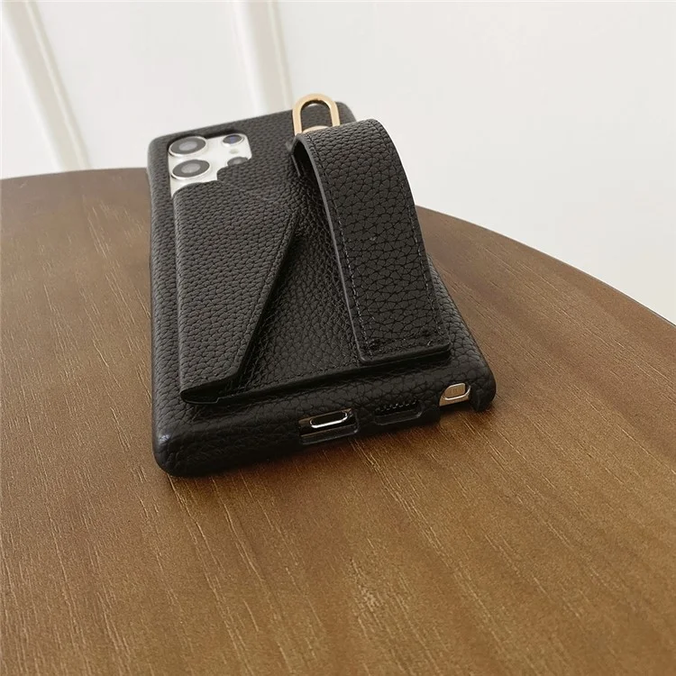 Capa para Samsung Galaxy S24 Ultra com slot para cartão, pulseira, suporte e cobertura de telefone em couro PU + PET - Preto