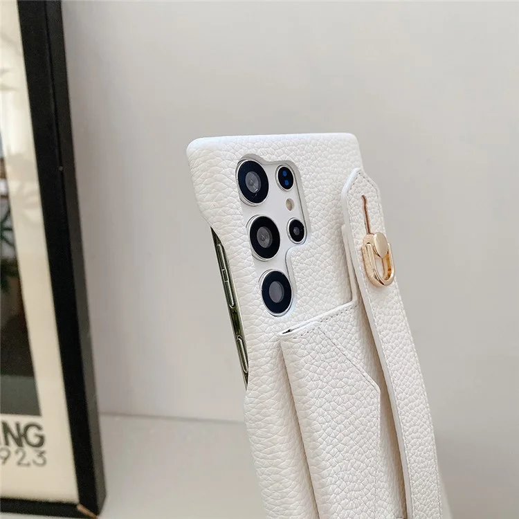 Für Samsung Galaxy S25 Ultra Hülle mit Kartenfach, Armband, Ständer, PU-Leder + PET-Telefonabdeckung - Weiß