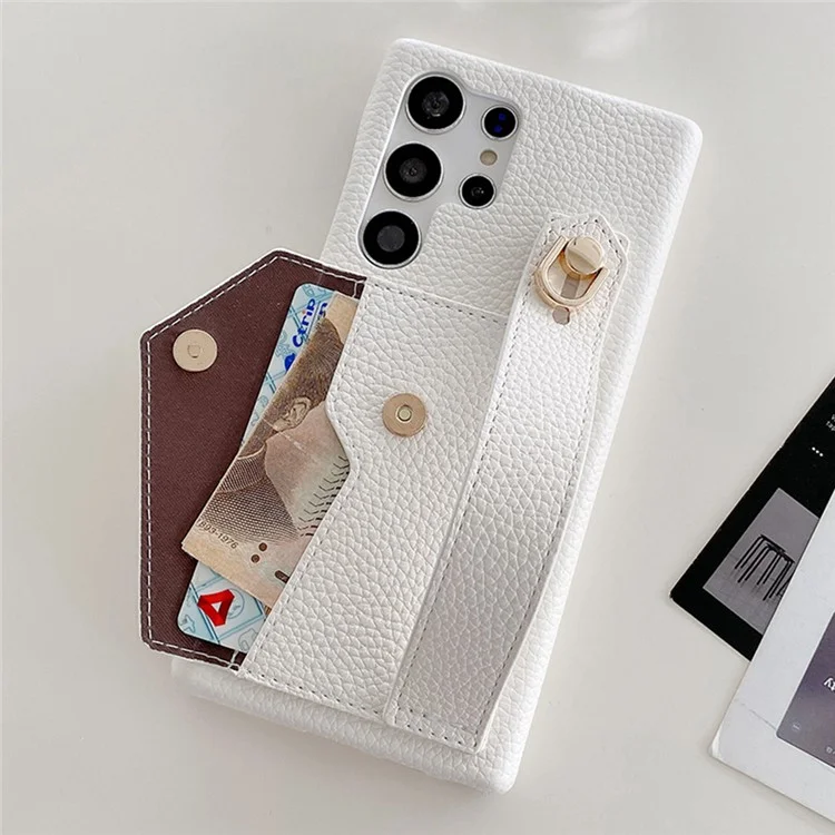 Für Samsung Galaxy S25 Ultra Hülle mit Kartenfach, Armband, Ständer, PU-Leder + PET-Telefonabdeckung - Weiß