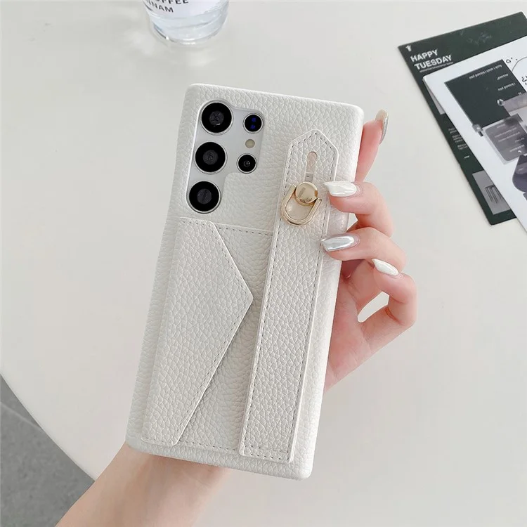 Für Samsung Galaxy S25 Ultra Hülle mit Kartenfach, Armband, Ständer, PU-Leder + PET-Telefonabdeckung - Weiß