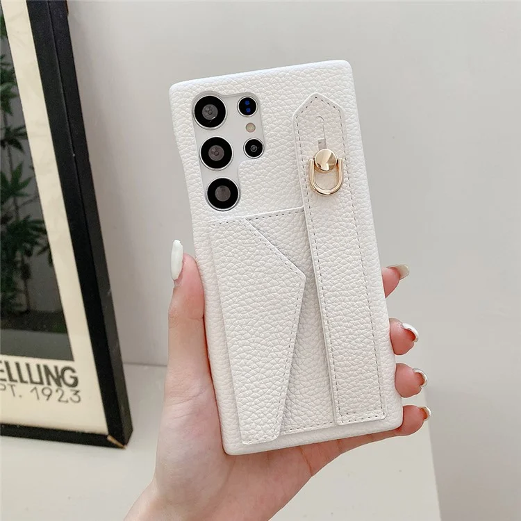 Für Samsung Galaxy S25 Ultra Hülle mit Kartenfach, Armband, Ständer, PU-Leder + PET-Telefonabdeckung - Weiß