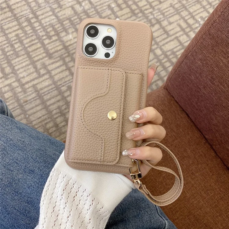 Étui pour iPhone 14 Pro Max, design miroir en cuir PU avec fentes pour cartes et dragonne - Marron clair