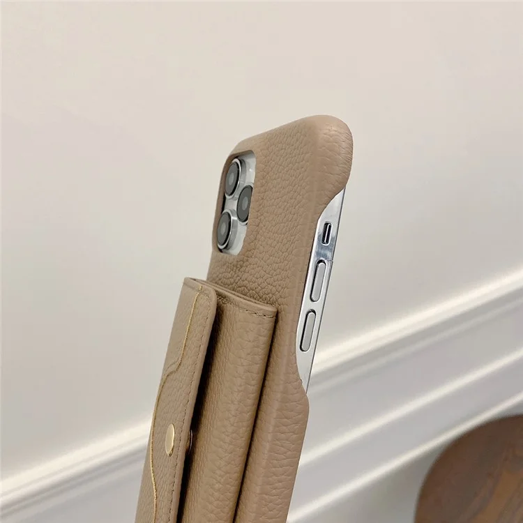 Étui pour iPhone 14 Pro Max, design miroir en cuir PU avec fentes pour cartes et dragonne - Marron clair