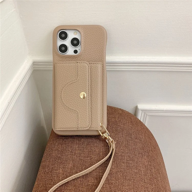 Étui pour iPhone 14 Pro Max, design miroir en cuir PU avec fentes pour cartes et dragonne - Marron clair