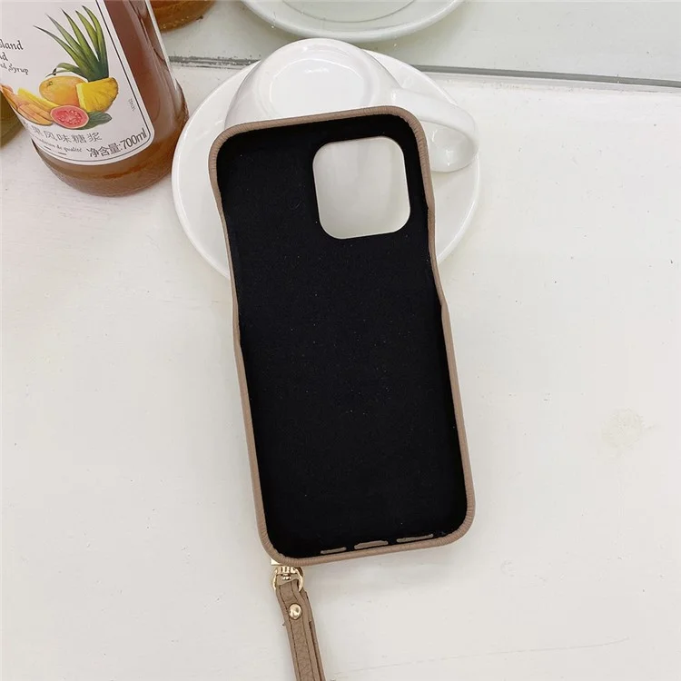 Étui pour iPhone 14 Pro Max, design miroir en cuir PU avec fentes pour cartes et dragonne - Marron clair