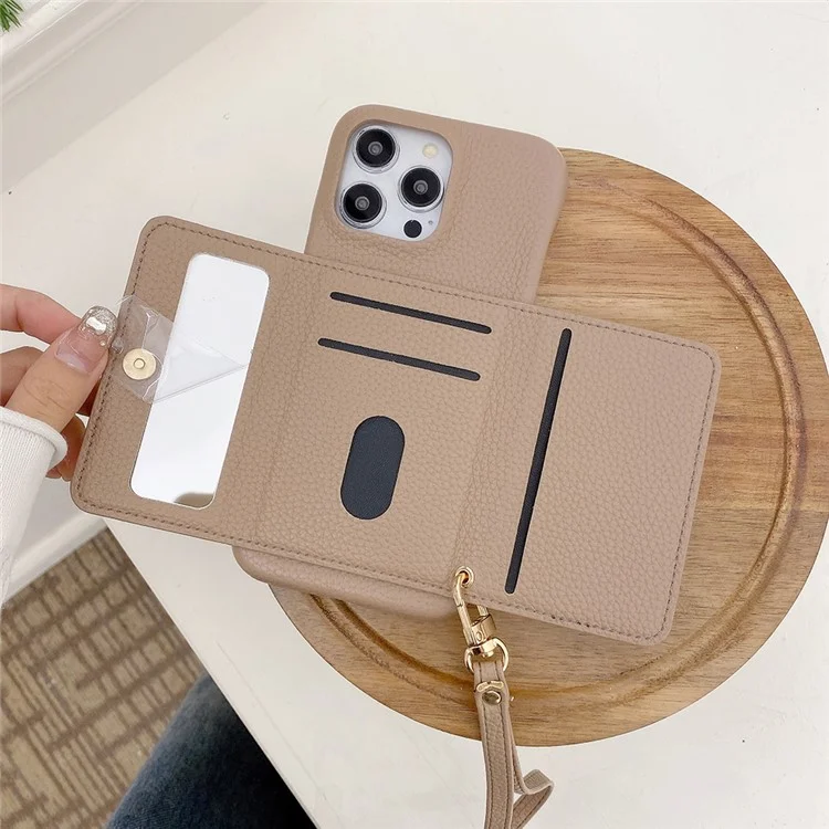 Étui pour iPhone 14 Pro Max, design miroir en cuir PU avec fentes pour cartes et dragonne - Marron clair