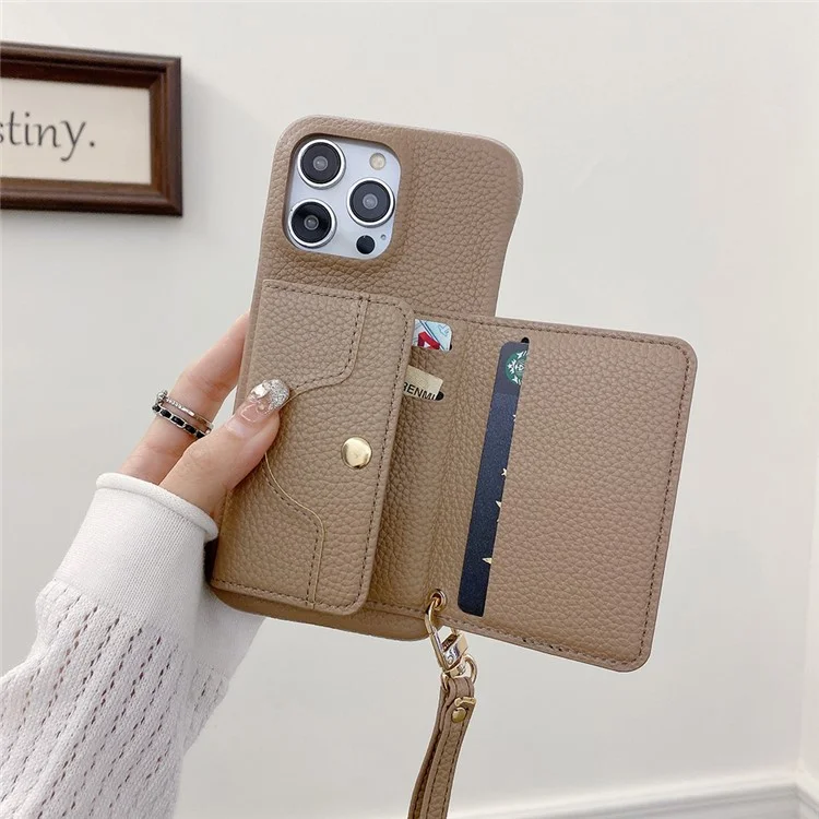 Étui pour iPhone 14 Pro Max, design miroir en cuir PU avec fentes pour cartes et dragonne - Marron clair