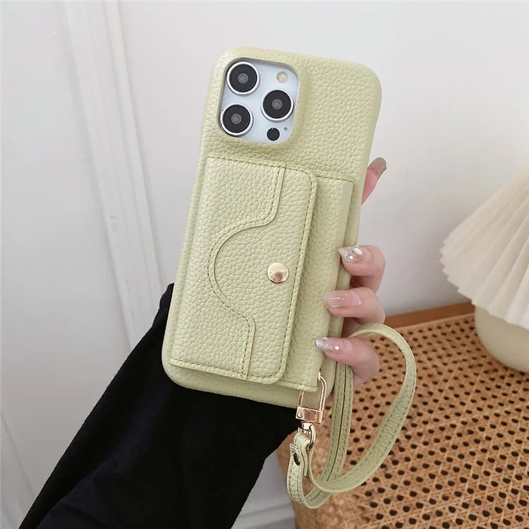 Für iPhone 14 Pro Hülle Spiegeldesign PU-Leder Rückseite mit Kartenfächern, Handgelenksband - Grün