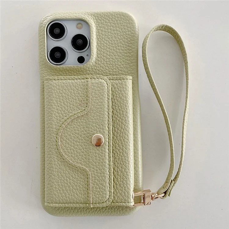 Für iPhone 14 Pro Hülle Spiegeldesign PU-Leder Rückseite mit Kartenfächern, Handgelenksband - Grün
