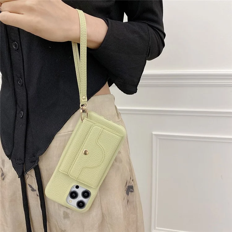 Für iPhone 14 Pro Hülle Spiegeldesign PU-Leder Rückseite mit Kartenfächern, Handgelenksband - Grün