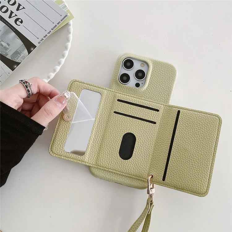 Für iPhone 14 Pro Hülle Spiegeldesign PU-Leder Rückseite mit Kartenfächern, Handgelenksband - Grün