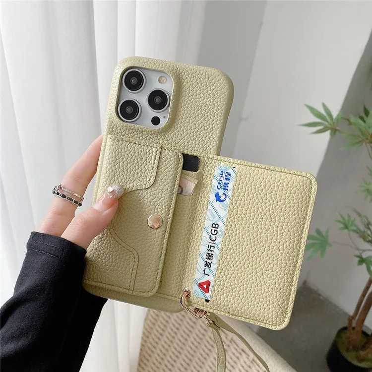 Für iPhone 14 Pro Hülle Spiegeldesign PU-Leder Rückseite mit Kartenfächern, Handgelenksband - Grün