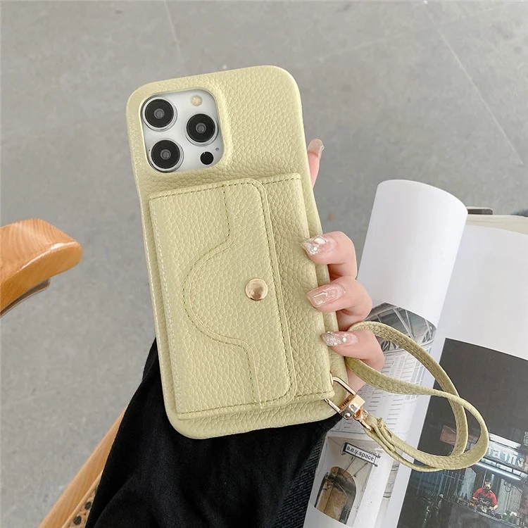 Für iPhone 14 Pro Hülle Spiegeldesign PU-Leder Rückseite mit Kartenfächern, Handgelenksband - Grün