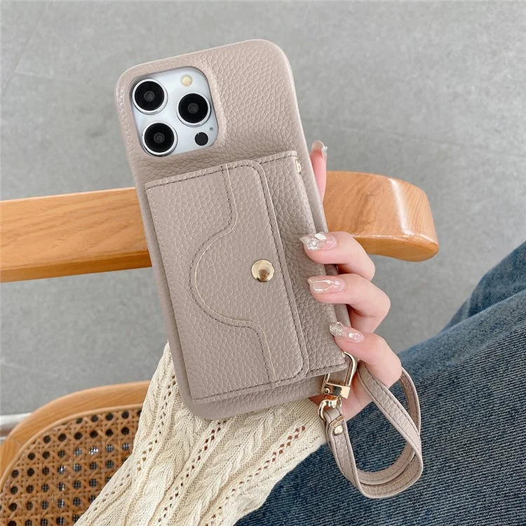Custodia per iPhone 13 Pro Max con design a specchio, cover posteriore in pelle PU con slot per schede e cinturino da polso - Grigio