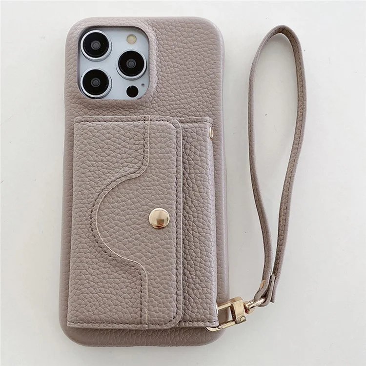 Custodia per iPhone 13 Pro Max con design a specchio, cover posteriore in pelle PU con slot per schede e cinturino da polso - Grigio