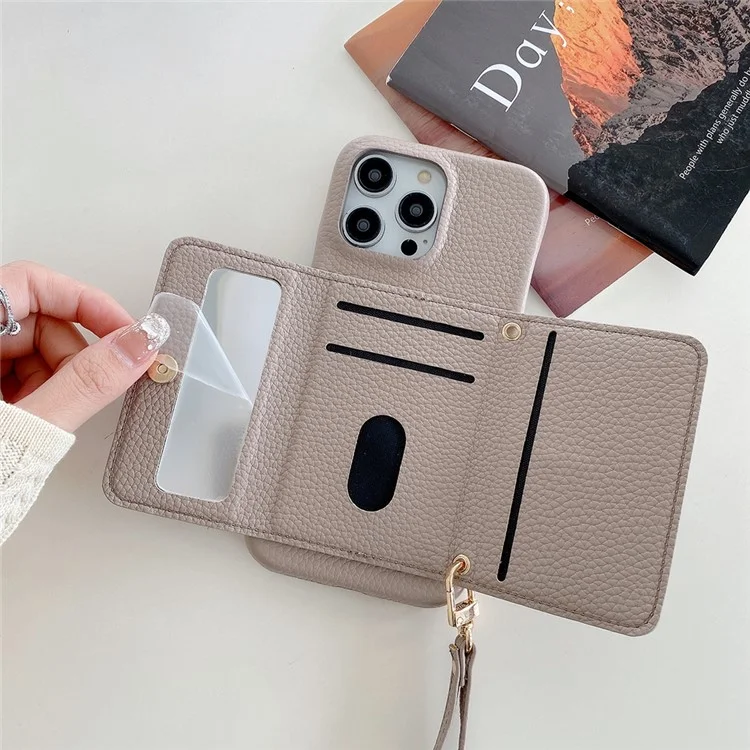 Custodia per iPhone 13 Pro Max con design a specchio, cover posteriore in pelle PU con slot per schede e cinturino da polso - Grigio