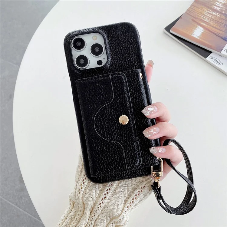 Для iPhone 13 Pro Чехол с зеркальным дизайном, кожаная задняя крышка с отделениями для карт, ремешок на запястье - Черный