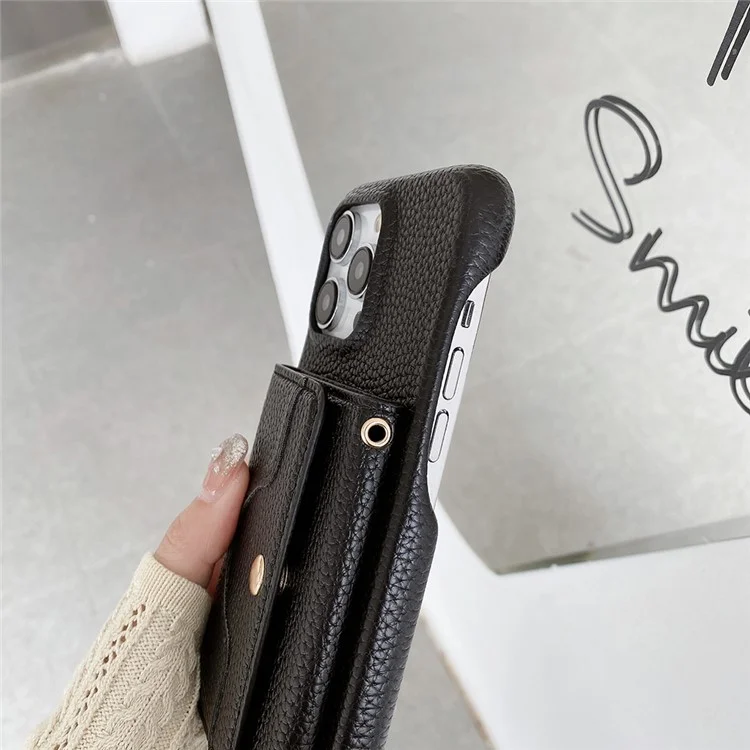 Для iPhone 13 Pro Чехол с зеркальным дизайном, кожаная задняя крышка с отделениями для карт, ремешок на запястье - Черный