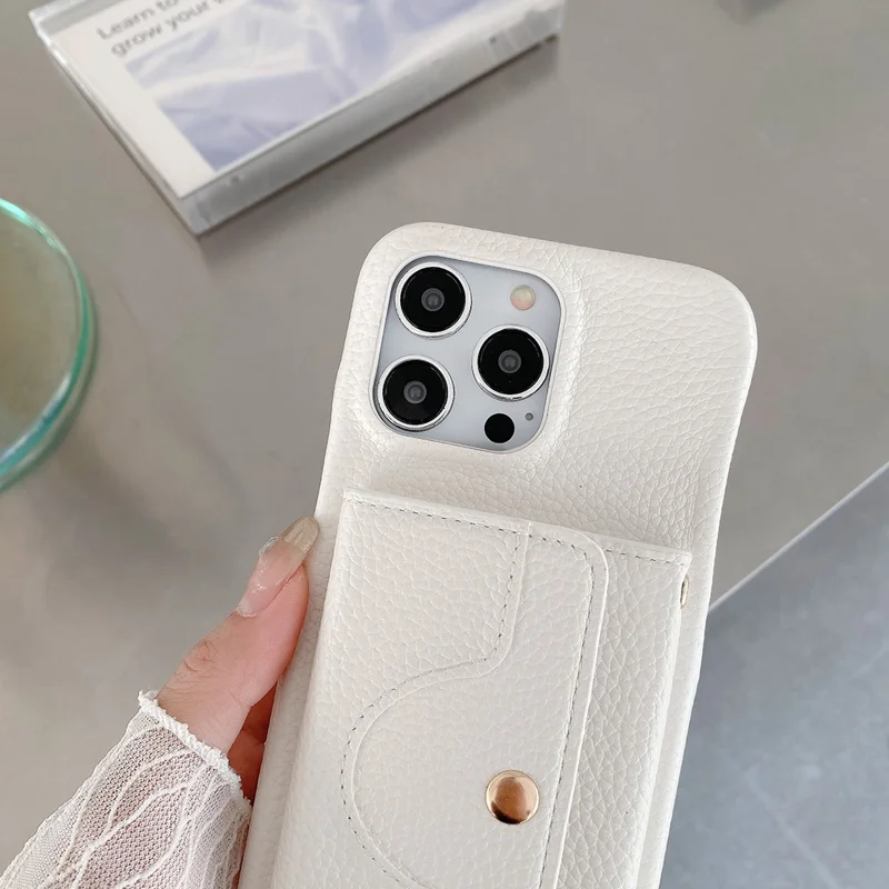 For iPhone 13 Pro Case Mirror Design PU Leather Back Cover with Card Slots, Wrist Strap - White